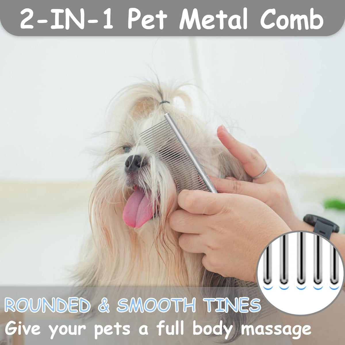 GUBCUB pet grooming combs laid out flat including the flea comb and fine-teeth comb for cats and dogs.