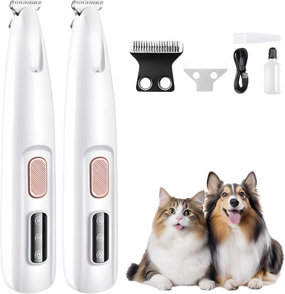 Safe pet grooming clipper being used gently on a calm small dog's face.