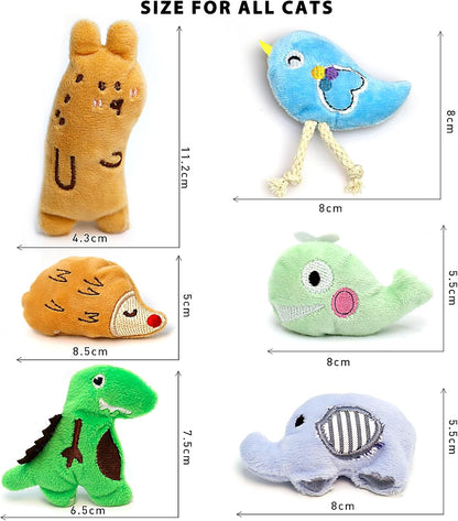 Assorted multi color interactive plush toys for feline dental care.
