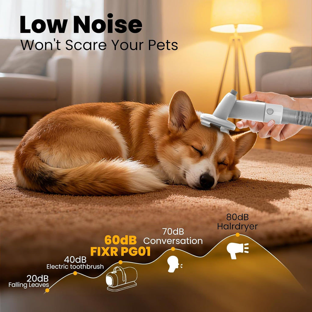 Deshedding brush attachment collecting loose fur from a dog coat