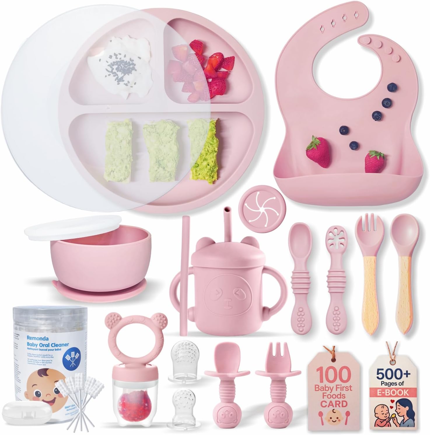 Remonda 23-piece pink silicone baby feeding set front view