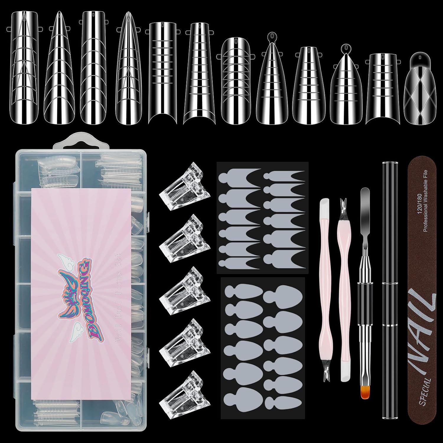 Yingjee Nail Dual Forms Poly Gel Set front view with tools