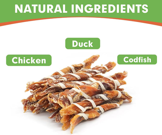 Mon2sun chicken duck and codfish dog treats packaging