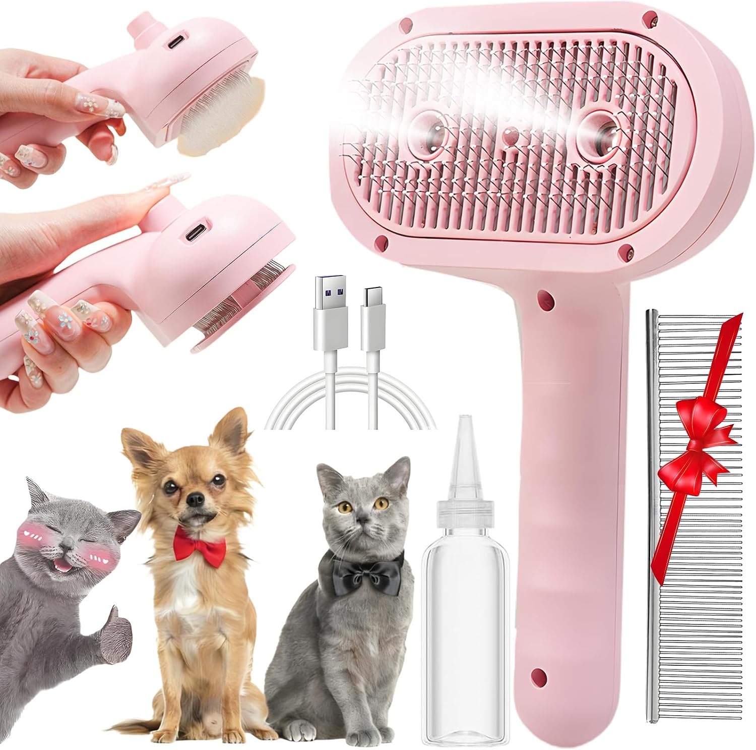 Pet Steam Brush for Cat & Dog, 2-Hole Double Spray, 3-in-1 Cat Steam Brush,Pet Spray Comb with Shedding Massaging Grooming Self-Cleaning Release Button for Long & Short Haired Pets(Pink) - Image 9