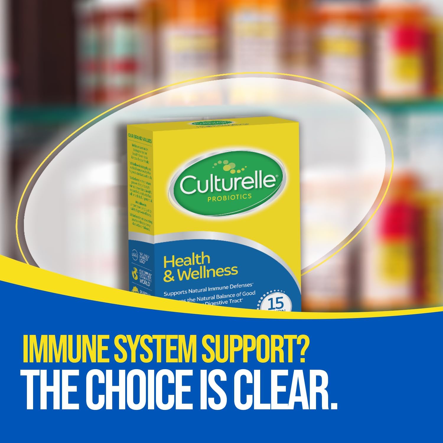 Culturelle immune support probiotic supplement bottle showing 15 billion CFUs label details