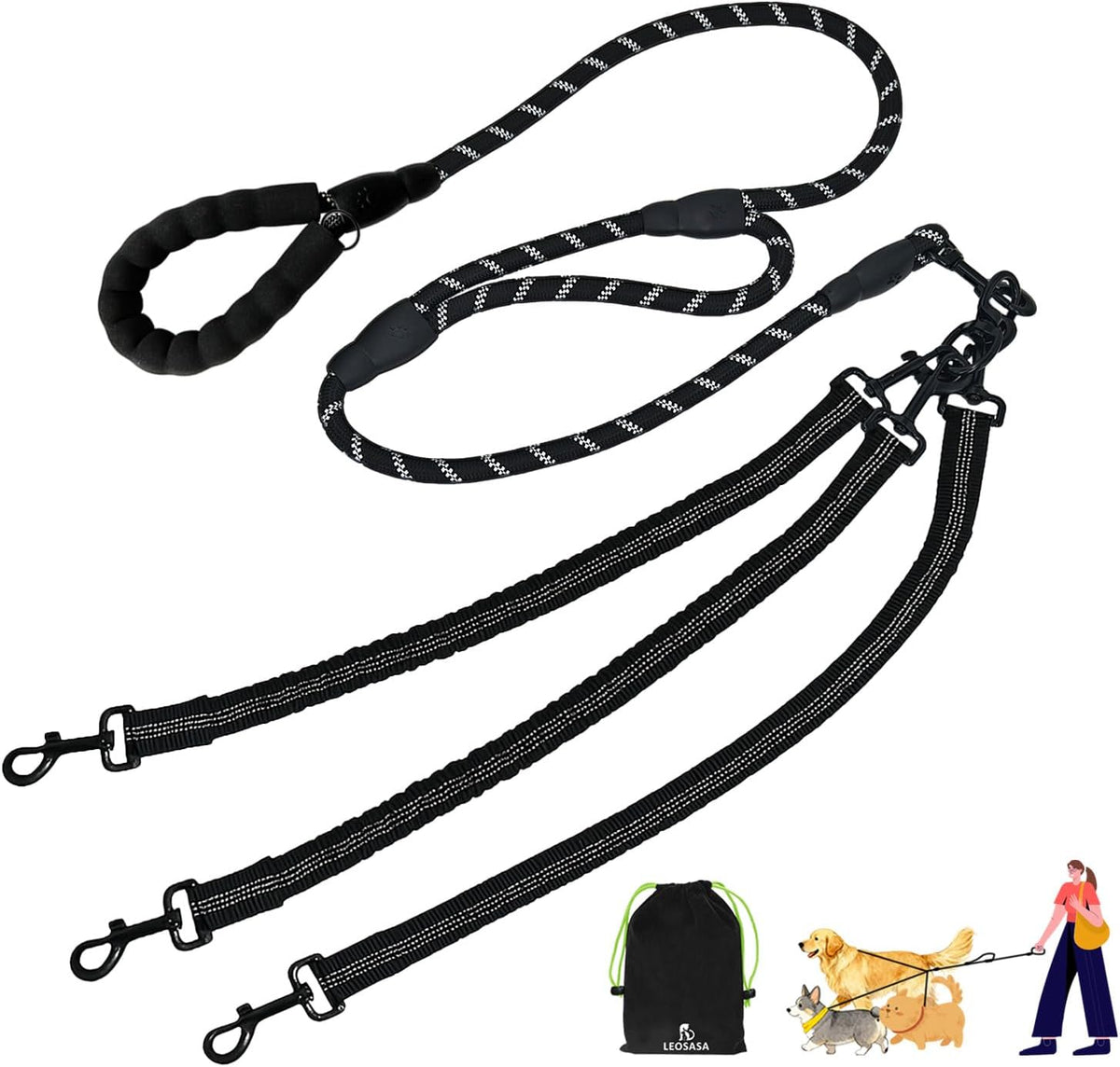 LEOSASA no tangle three dog leash front view showing padded handle and swivel hook.