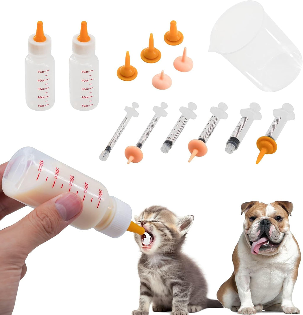 Pet Feeding Bottle and Syringe Set for Puppies and Kittens(2 Bottles,6 Syringes,10 Nipples,1 Storage Measuring Cup) - Image 1