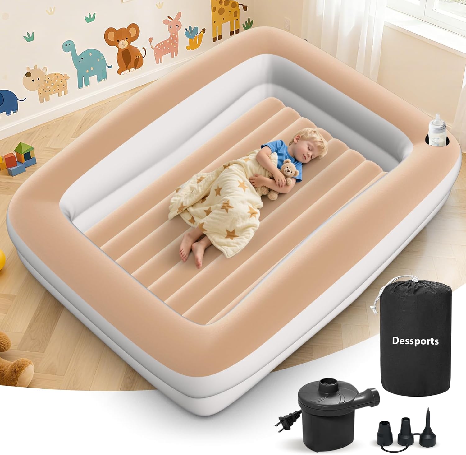 Dessports inflatable toddler travel bed front view inflated in khaki color with safety guardrails.