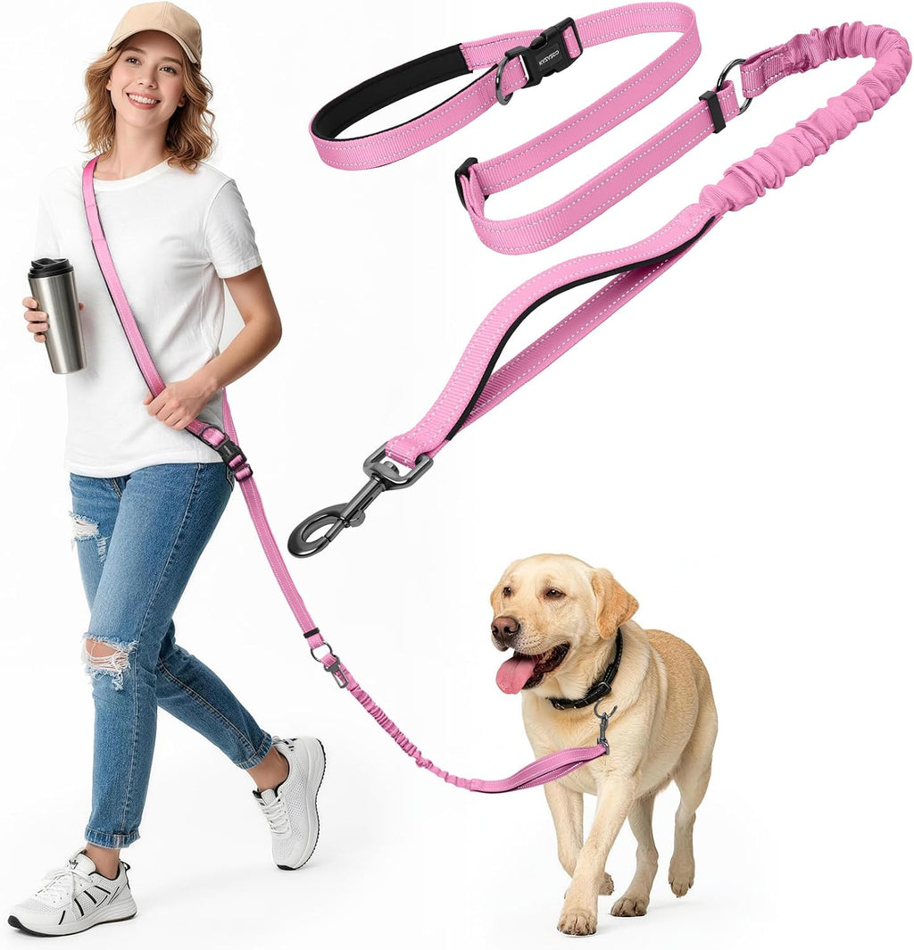 Kazazoo hands free dog leash front view showing the pink adjustable waist belt.