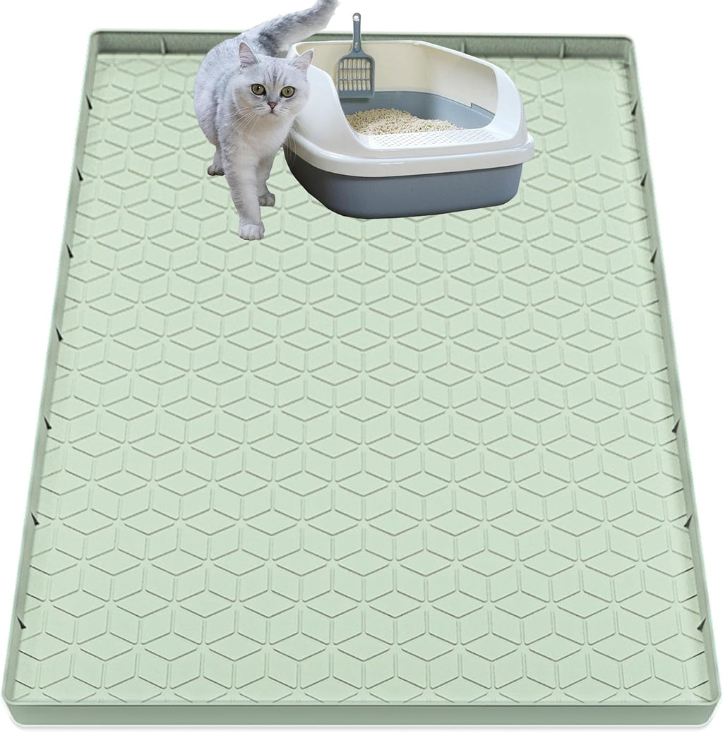 Multiuse gray silicone mat being used as a pet feeding tray