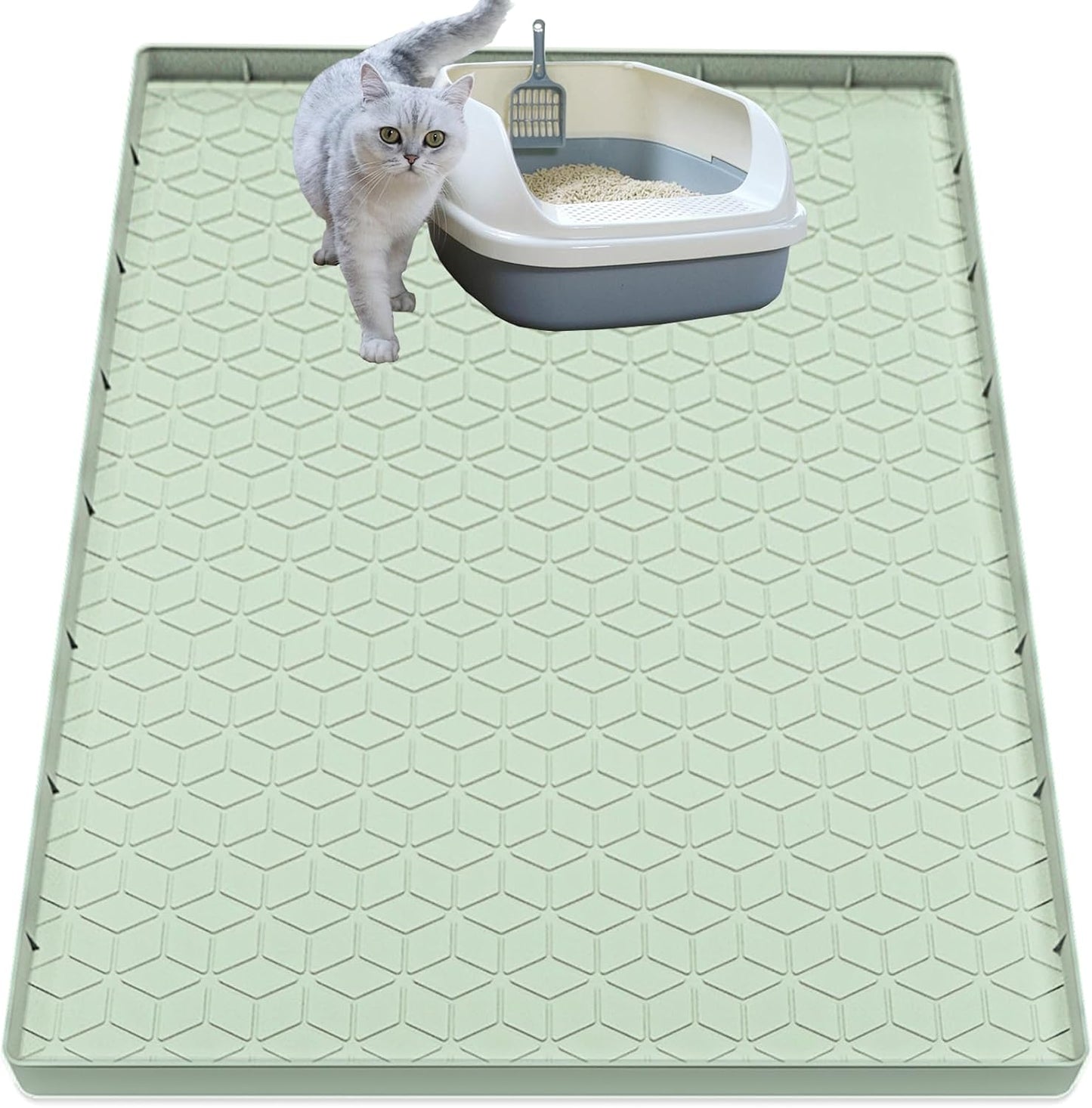 Multiuse gray silicone mat being used as a pet feeding tray