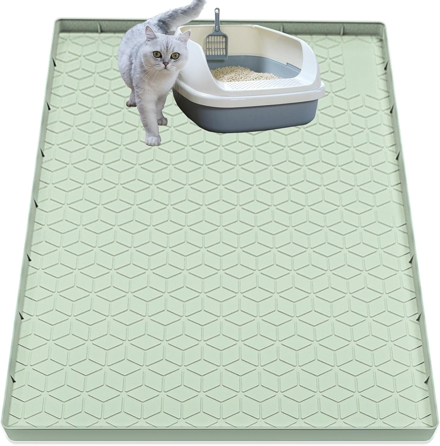 Multiuse gray silicone mat being used as a pet feeding tray