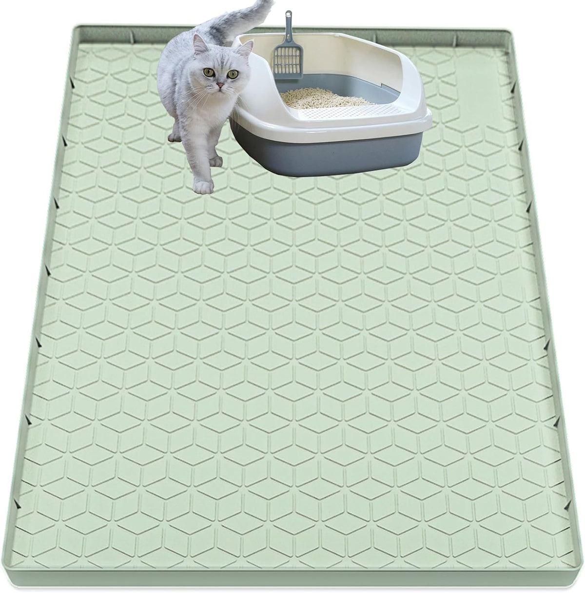 Multiuse gray silicone mat being used as a pet feeding tray