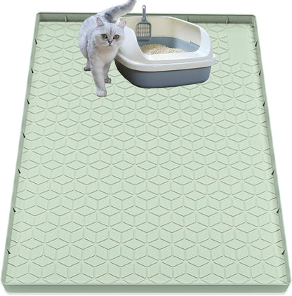 Multiuse gray silicone mat being used as a pet feeding tray