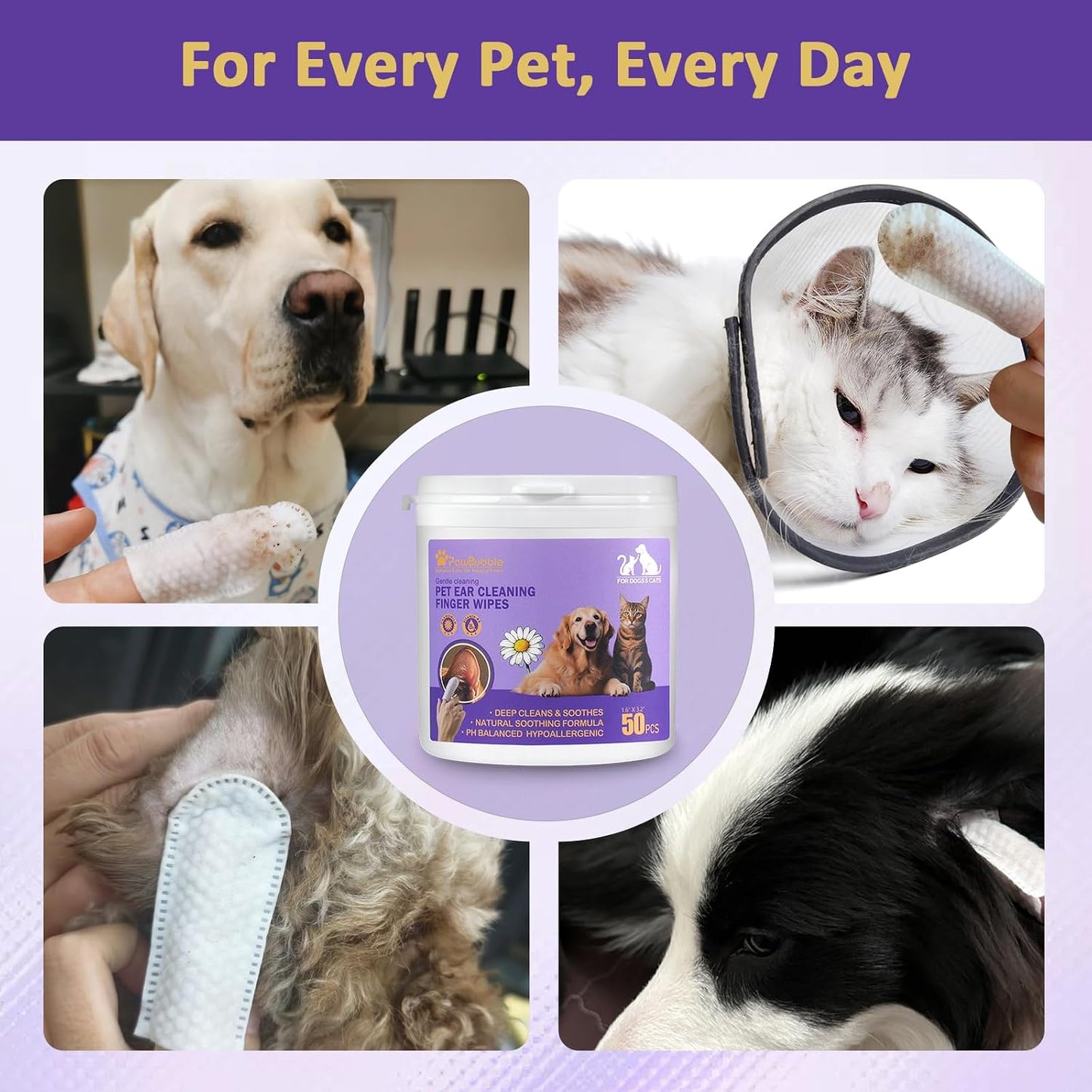 Instructions for using PawBubble pet ear cleaning wipes