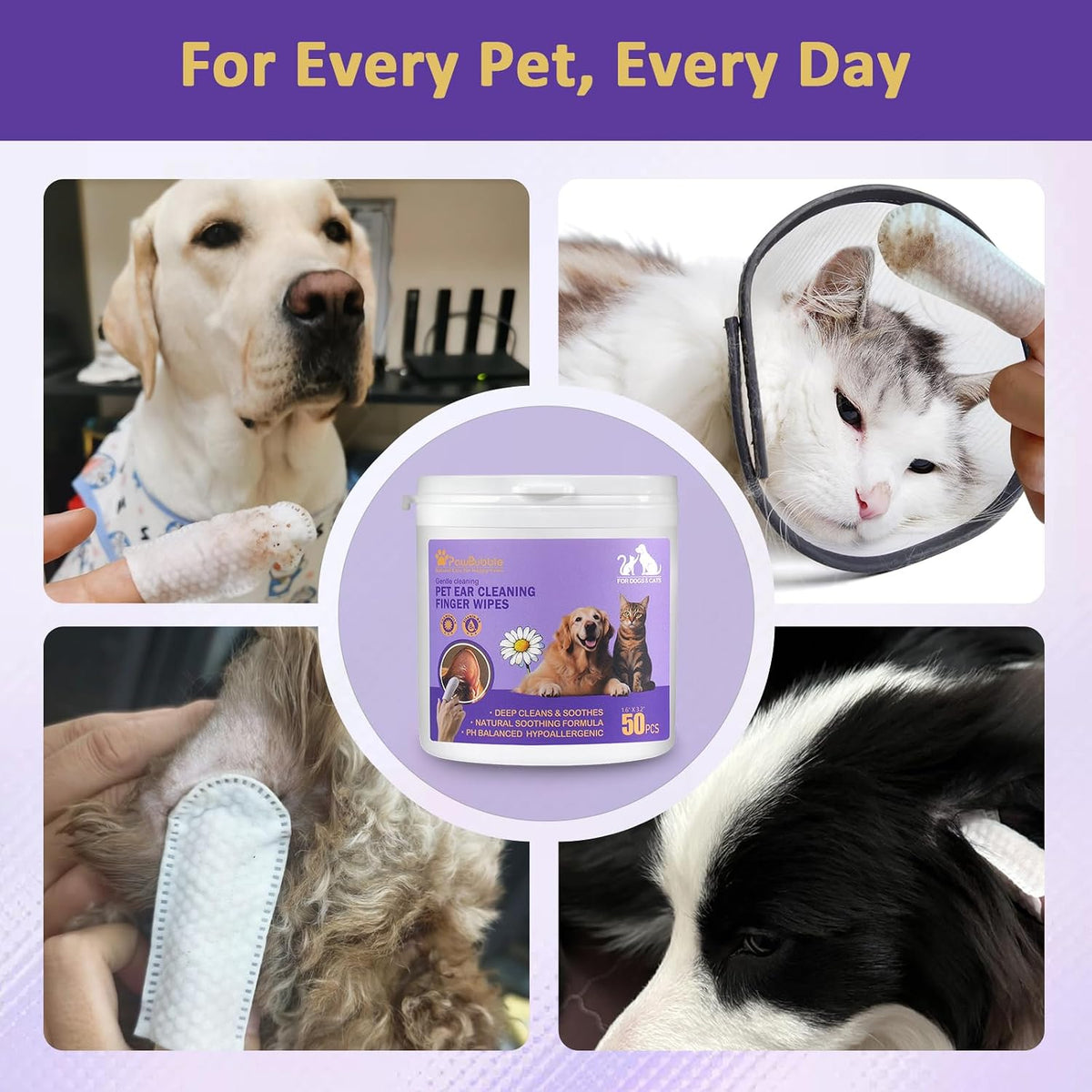 Instructions for using PawBubble pet ear cleaning wipes