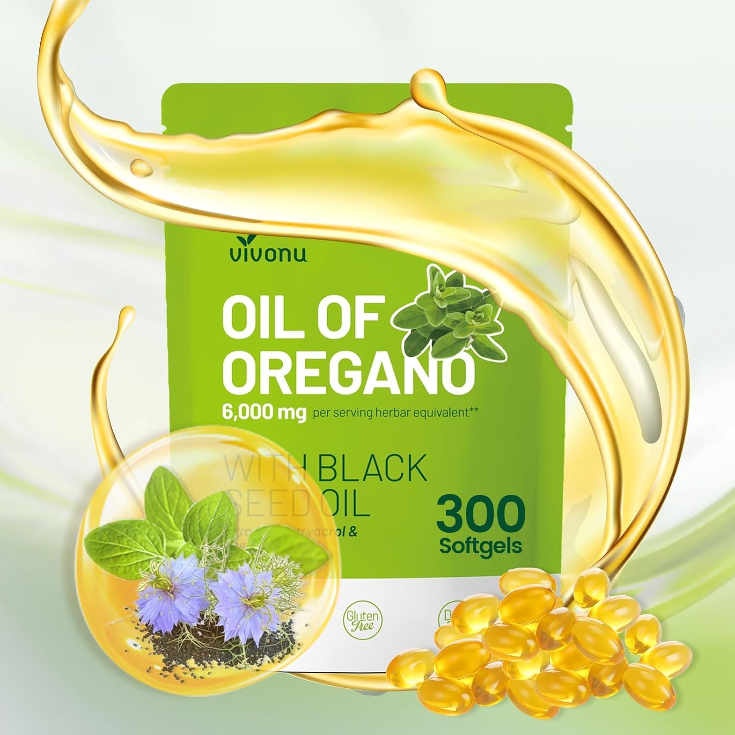 VivoNu Oregano and Black Seed Oil three hundred softgels front view bottle for immune support.