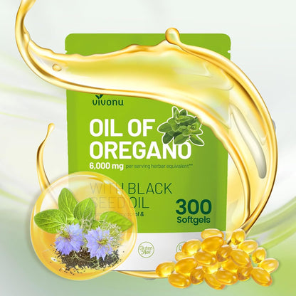 VivoNu Oregano and Black Seed Oil three hundred softgels front view bottle for immune support.
