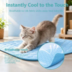 Blue breathable gel-free cat summer blanket spread out on a wooden floor