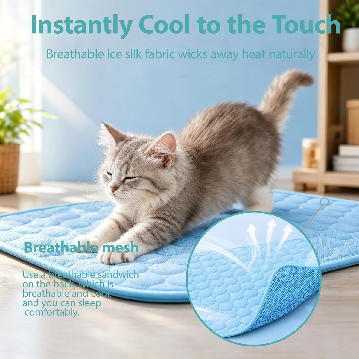 Blue breathable gel-free cat summer blanket spread out on a wooden floor