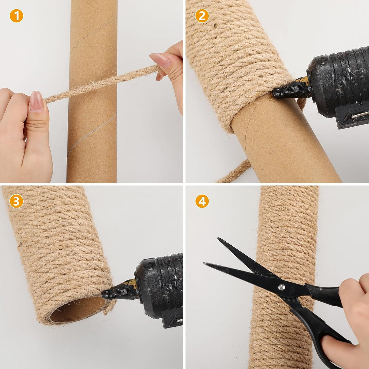 Hands wrapping sisal rope around a cat tree pillar