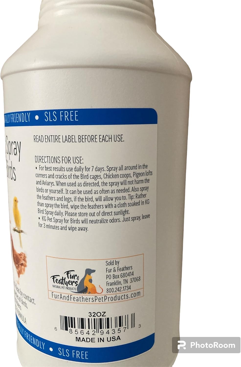 Back view of Fur And Feathers KG Pet Spray bottle with usage instructions