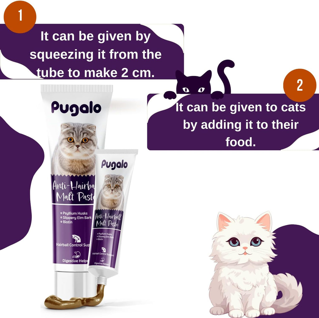 Pugalo cat hairball remedy gel packaging back view with instructions for use