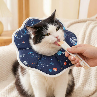 Soft cat neck collar for grooming and nail trimming showing the strong adhesive strip.