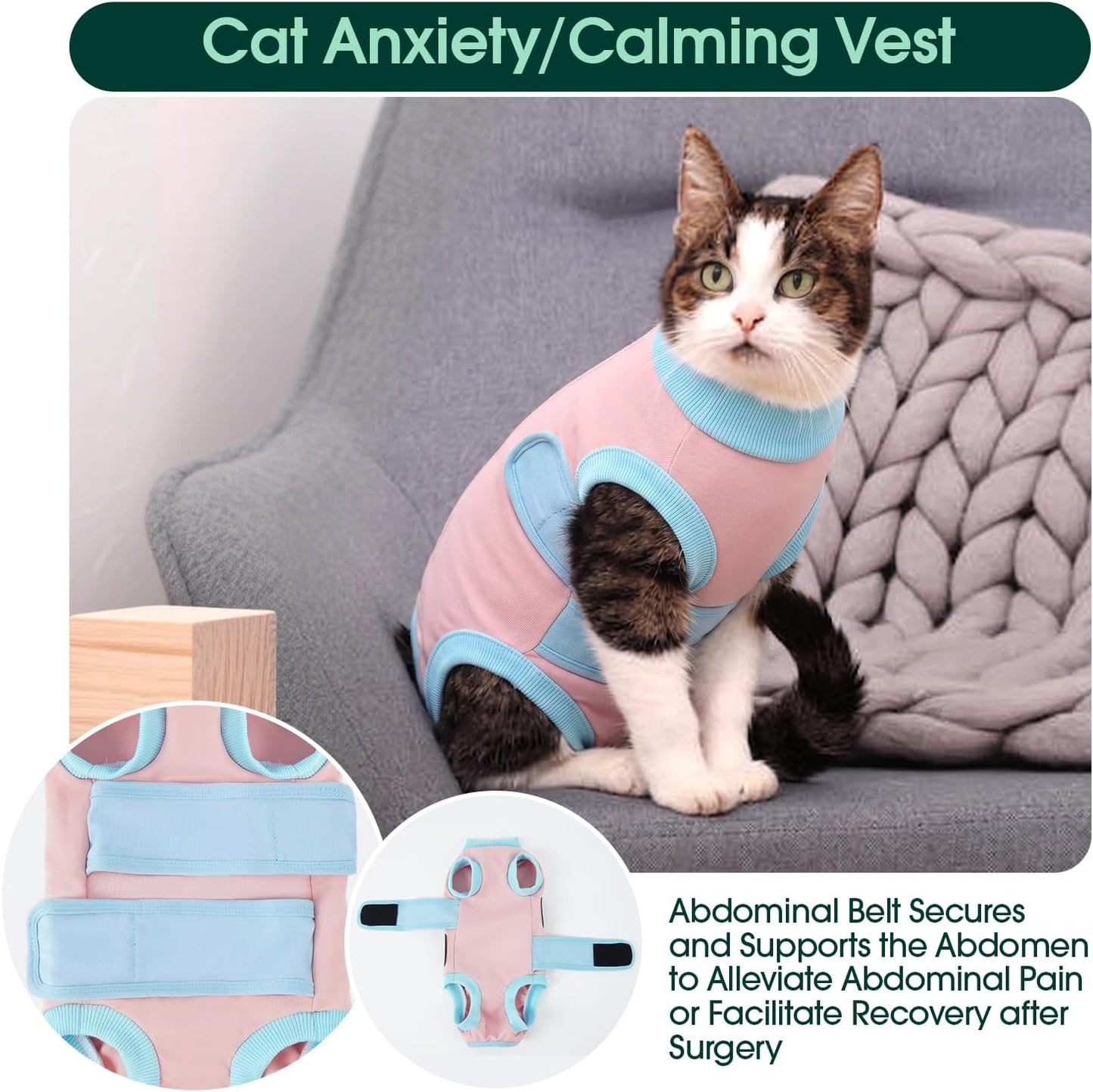 Cat resting comfortably in pink Kuoser recovery garment