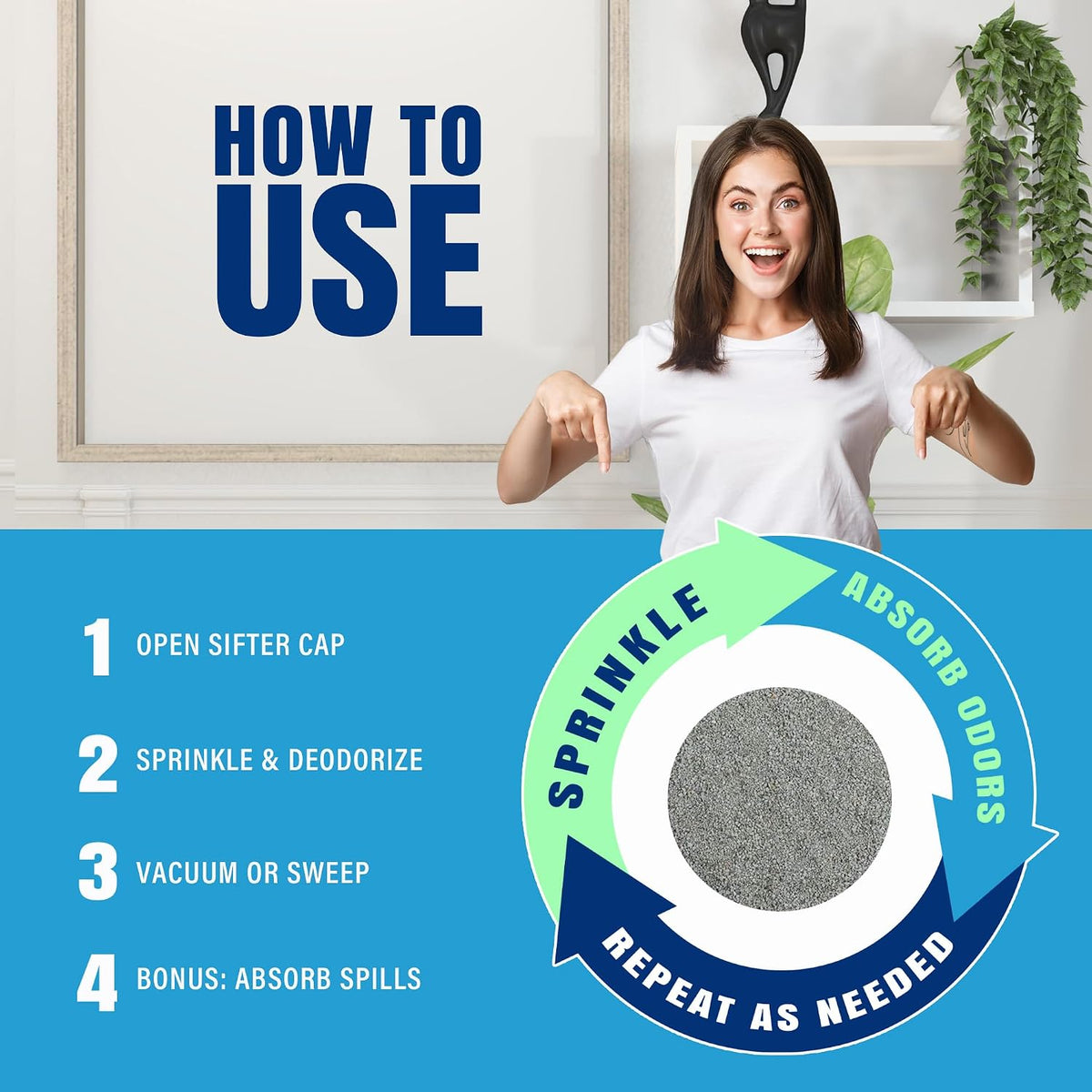 Smelleze all natural dead rat smell remover granules being swept up after effective odor absorption.