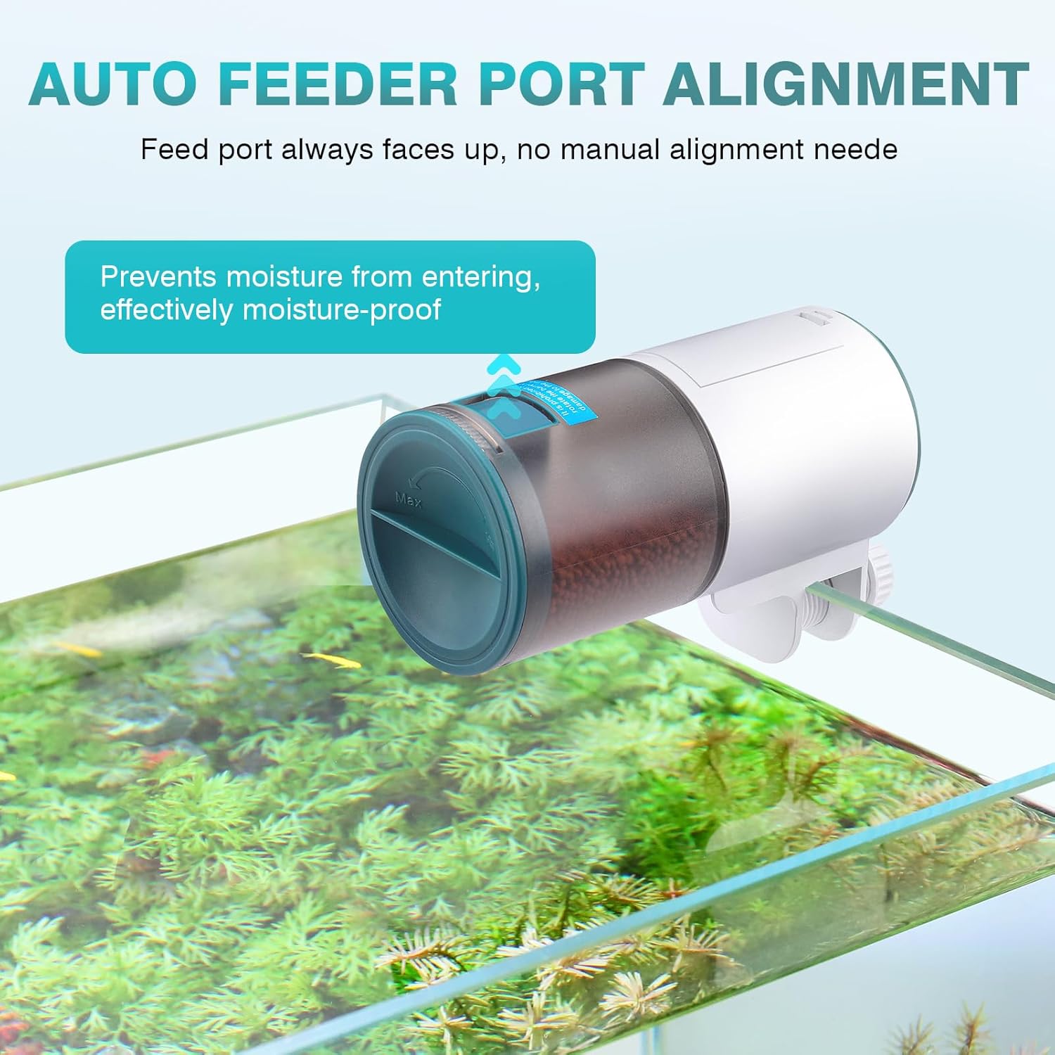 AQQA automatic fish feeder dispensing pellet food into a goldfish and betta tank setup