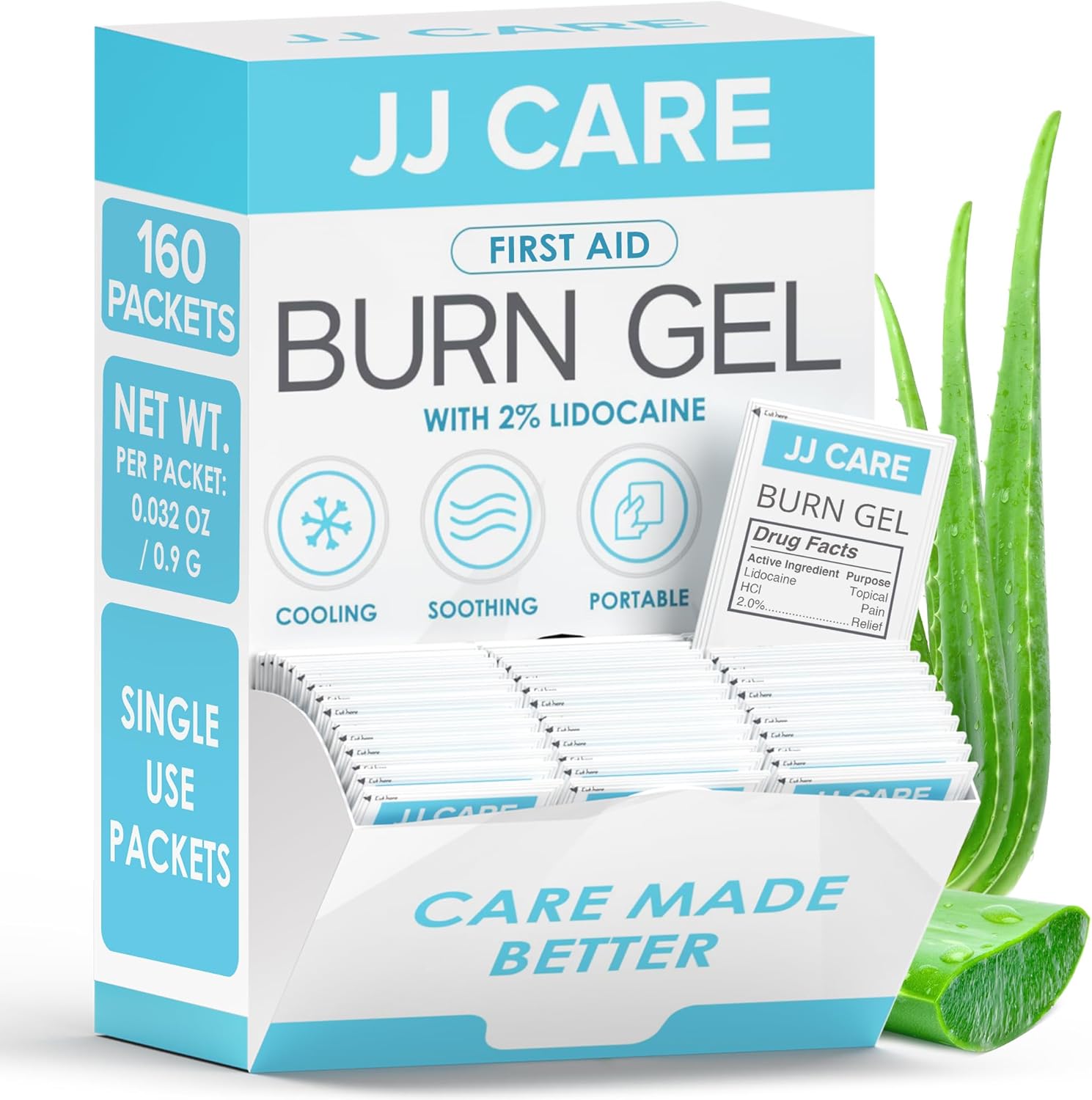 JJ CARE Burn Gel 160 packets box front view for first aid kits.