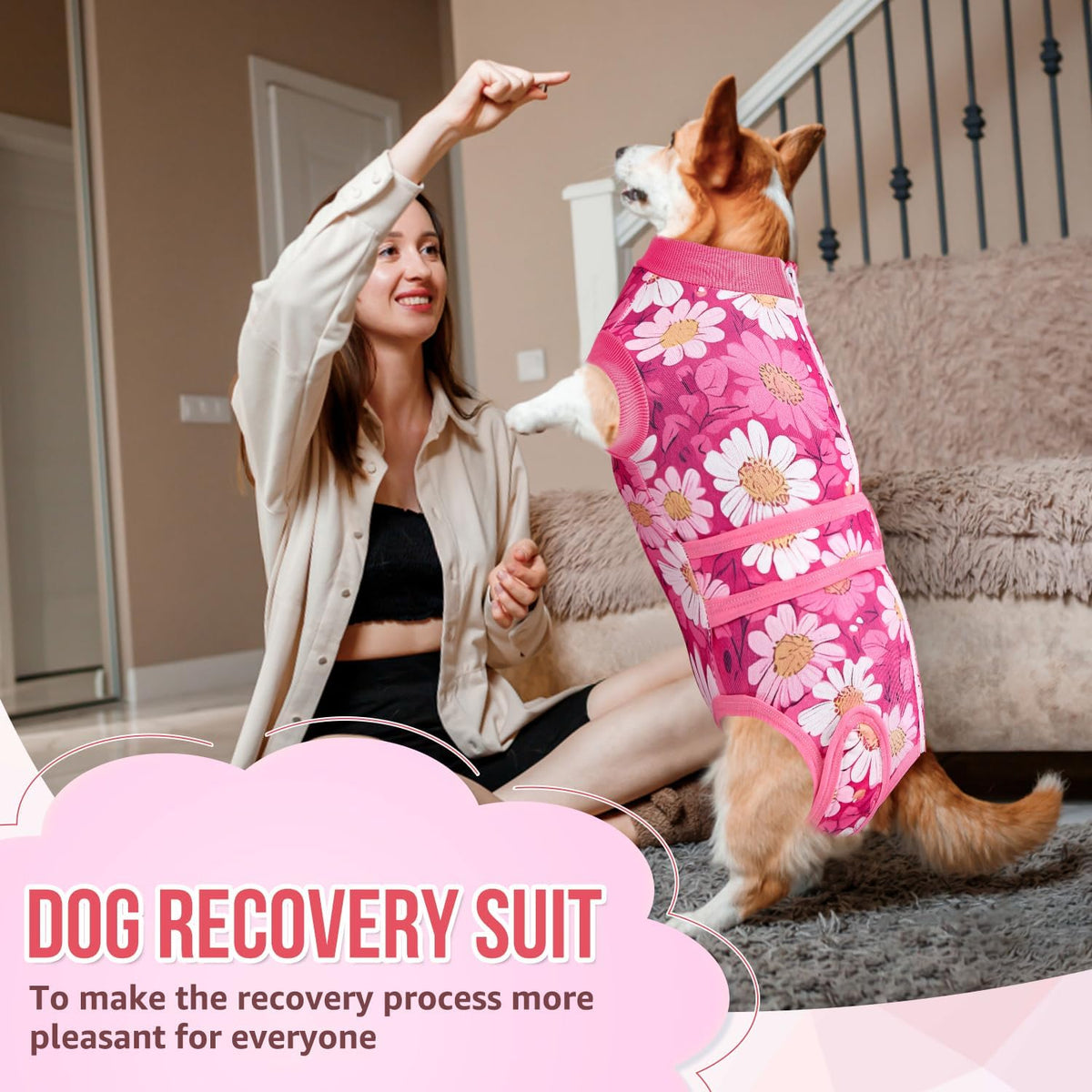 Nasjac imported pet post operative outfit pink floral pattern display.