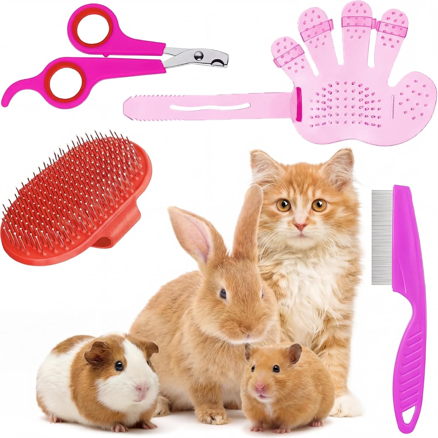 Patelai small pet comb and shampoo bath brush set for rabbit grooming maintenance