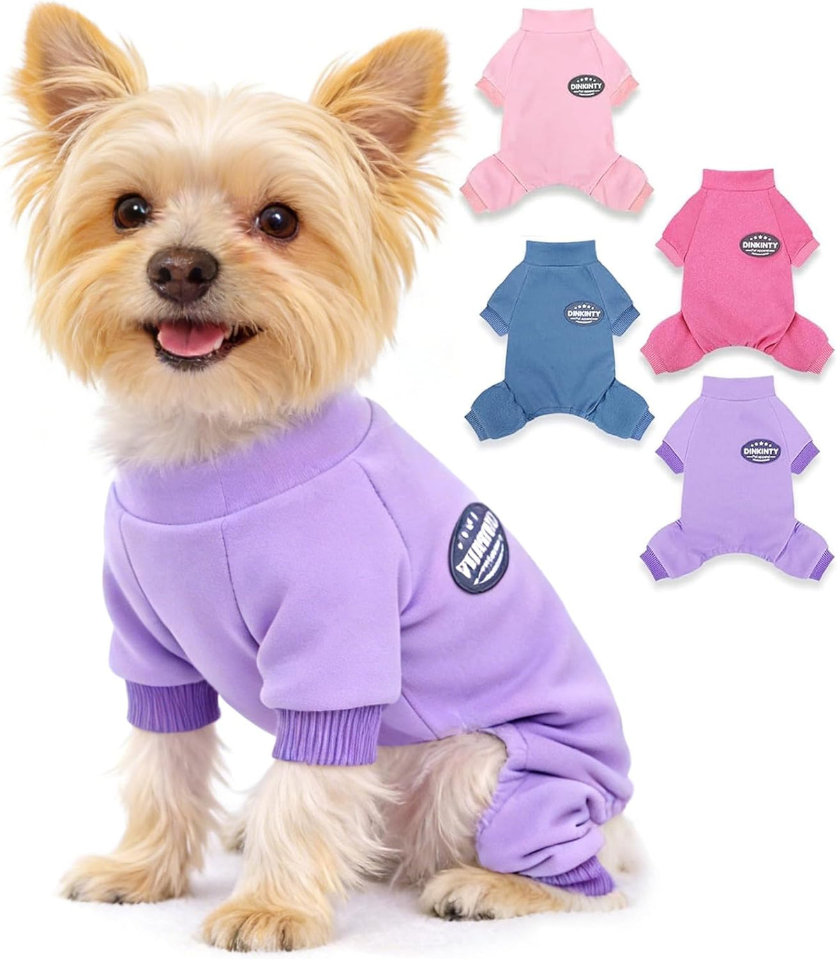 Dinkinty fleece dog pajamas purple small front view winter pet sweater