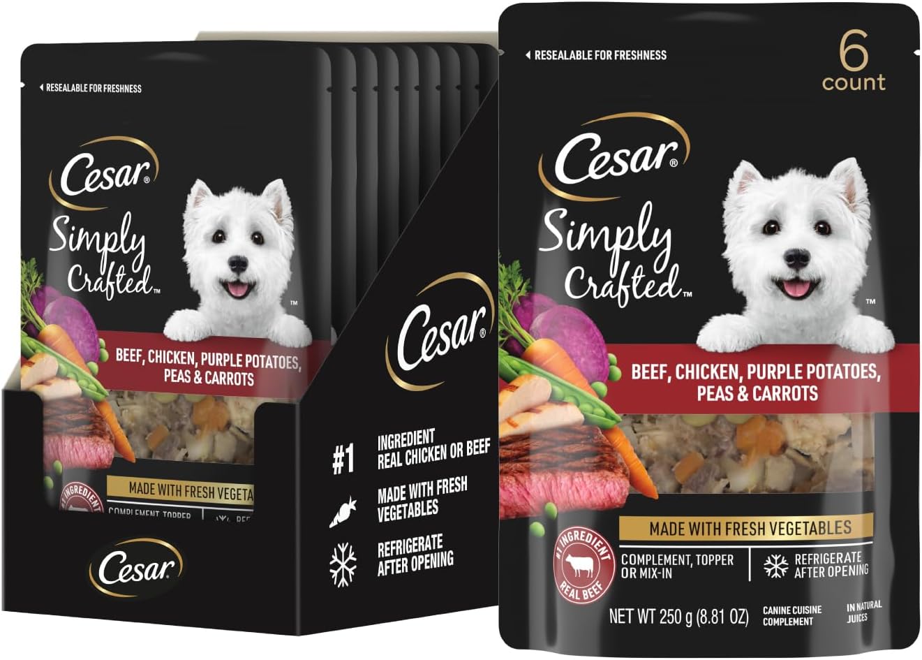 Cesar Simply Crafted Adult Wet Dog Food Toppers for Dry Food, Wet Food for Dogs, Chicken, Carrots, Potatoes & Peas, 8.82 oz. Pouches, 6 Count (Pack of 2) - Image 12