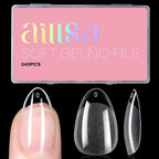 Aillsa short almond nail tips front view showing packaging and shape.