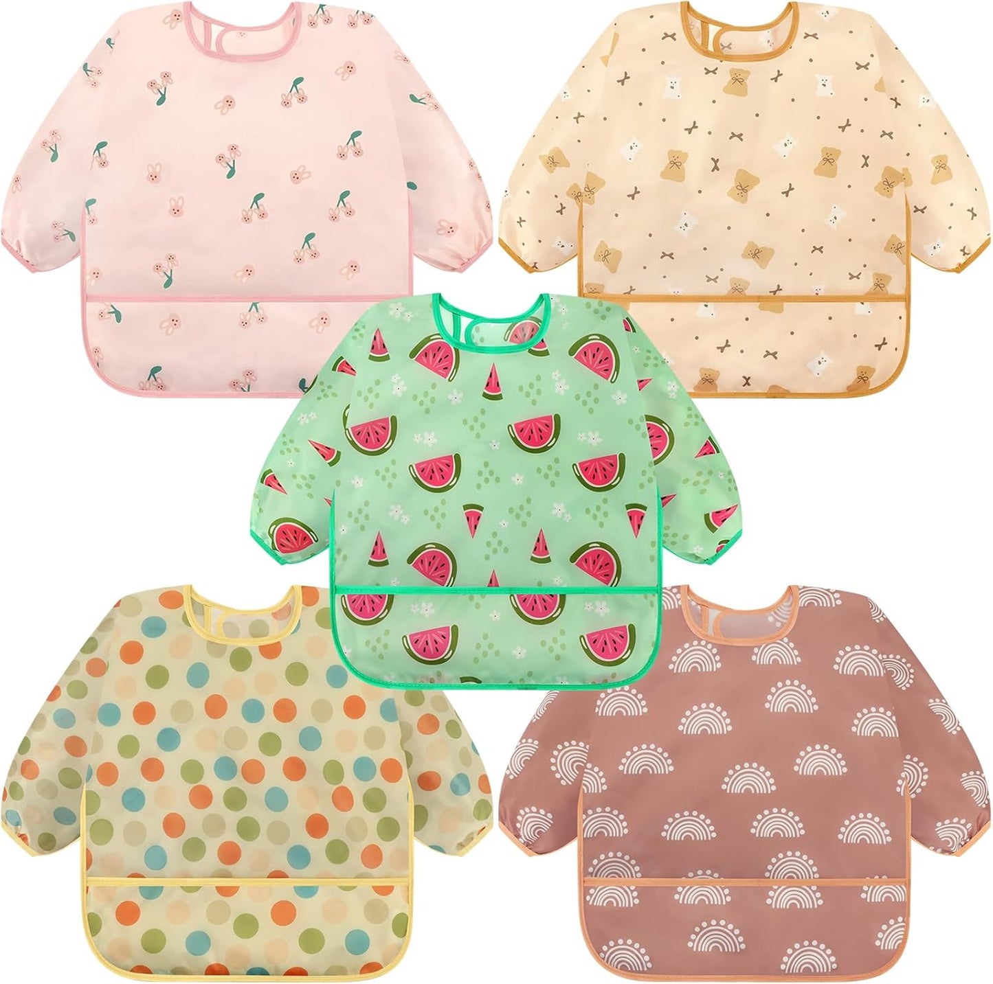 Accmor long sleeve baby smock bibs 5 pack front view showing colorful patterns for toddlers.
