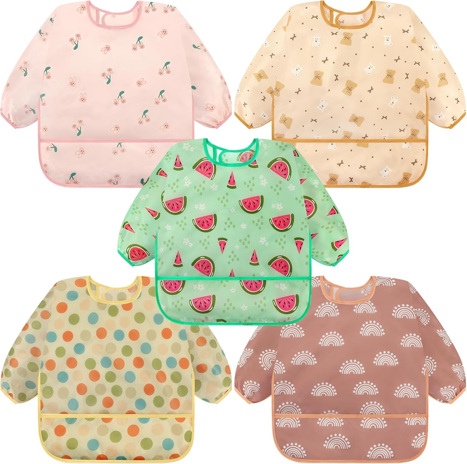 Accmor long sleeve baby smock bibs 5 pack front view showing colorful patterns for toddlers.
