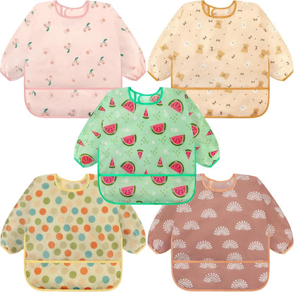 Accmor long sleeve baby smock bibs 5 pack front view showing colorful patterns for toddlers.