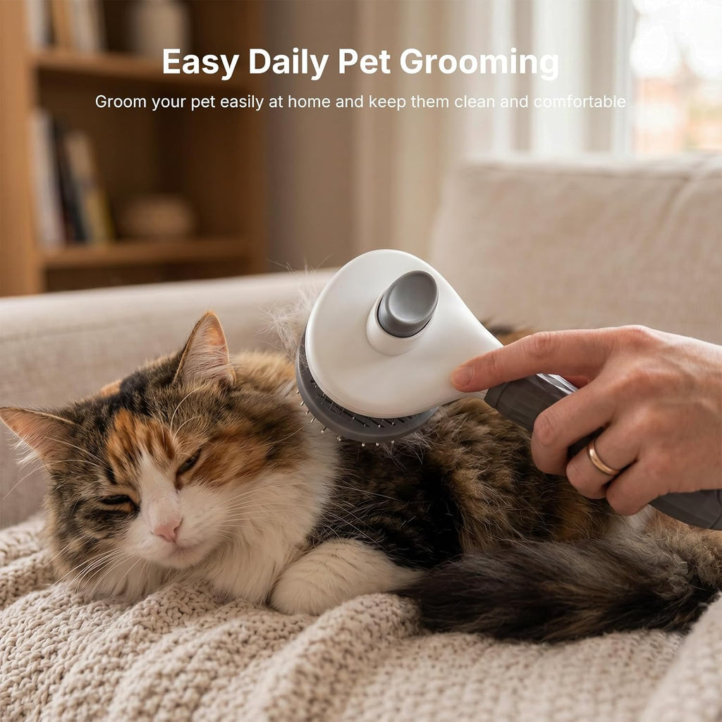 HANK pet grooming brush side profile detailing the sturdy construction and sleek self cleaning button design.