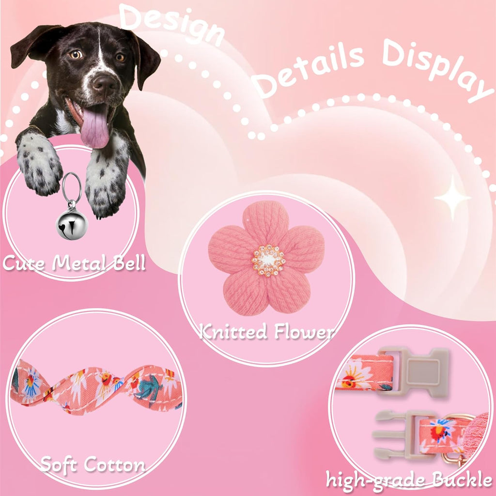 Pink floral puppy collar with bell and crystal accent
