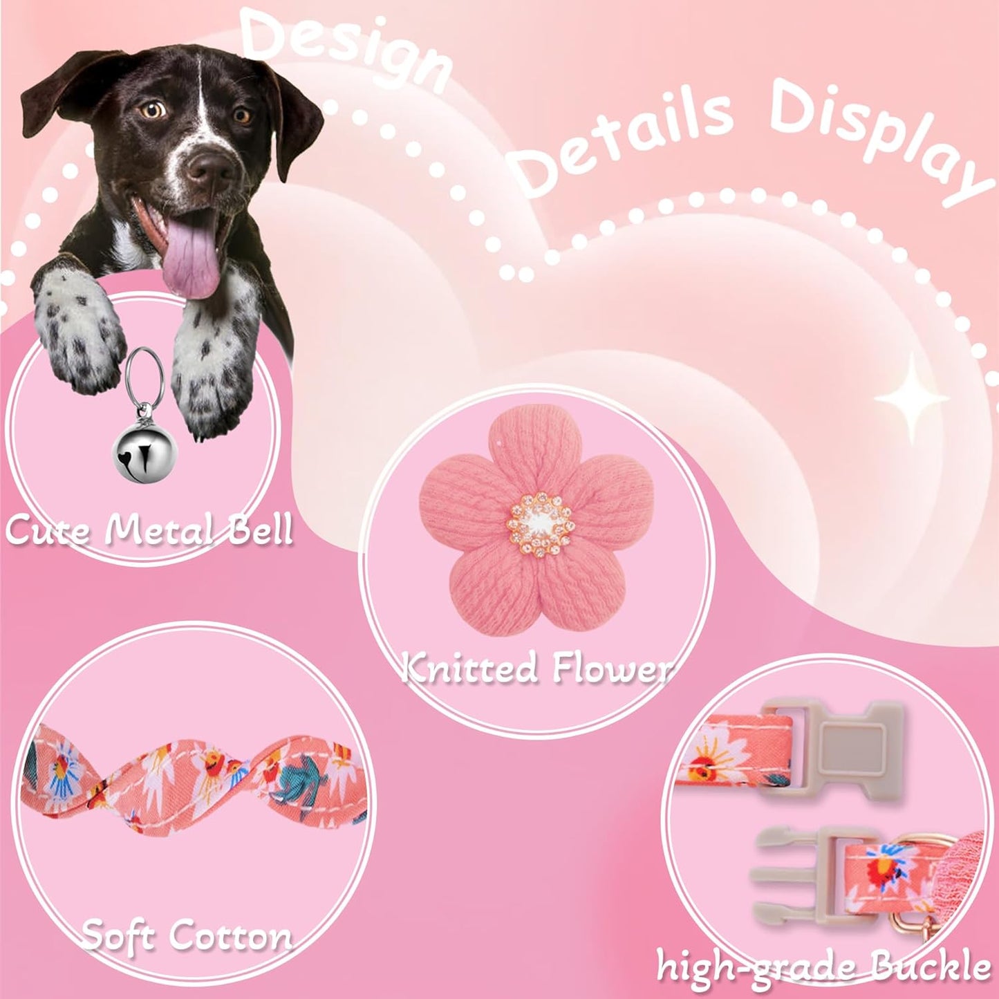Pink floral puppy collar with bell and crystal accent