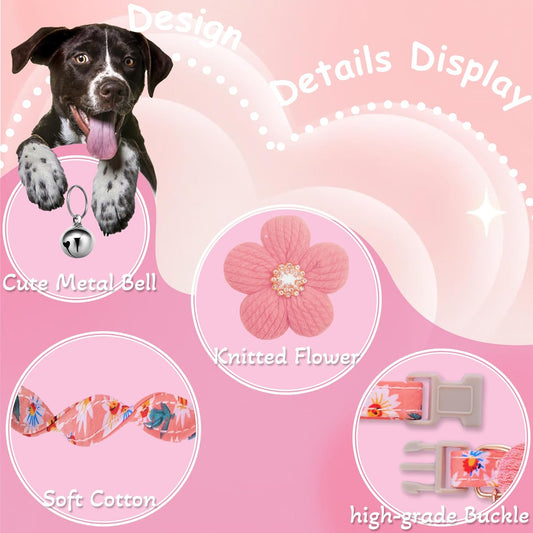 Pink floral puppy collar with bell and crystal accent