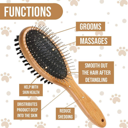 Removing undercoat shedding from long hair dogs with a bamboo brush