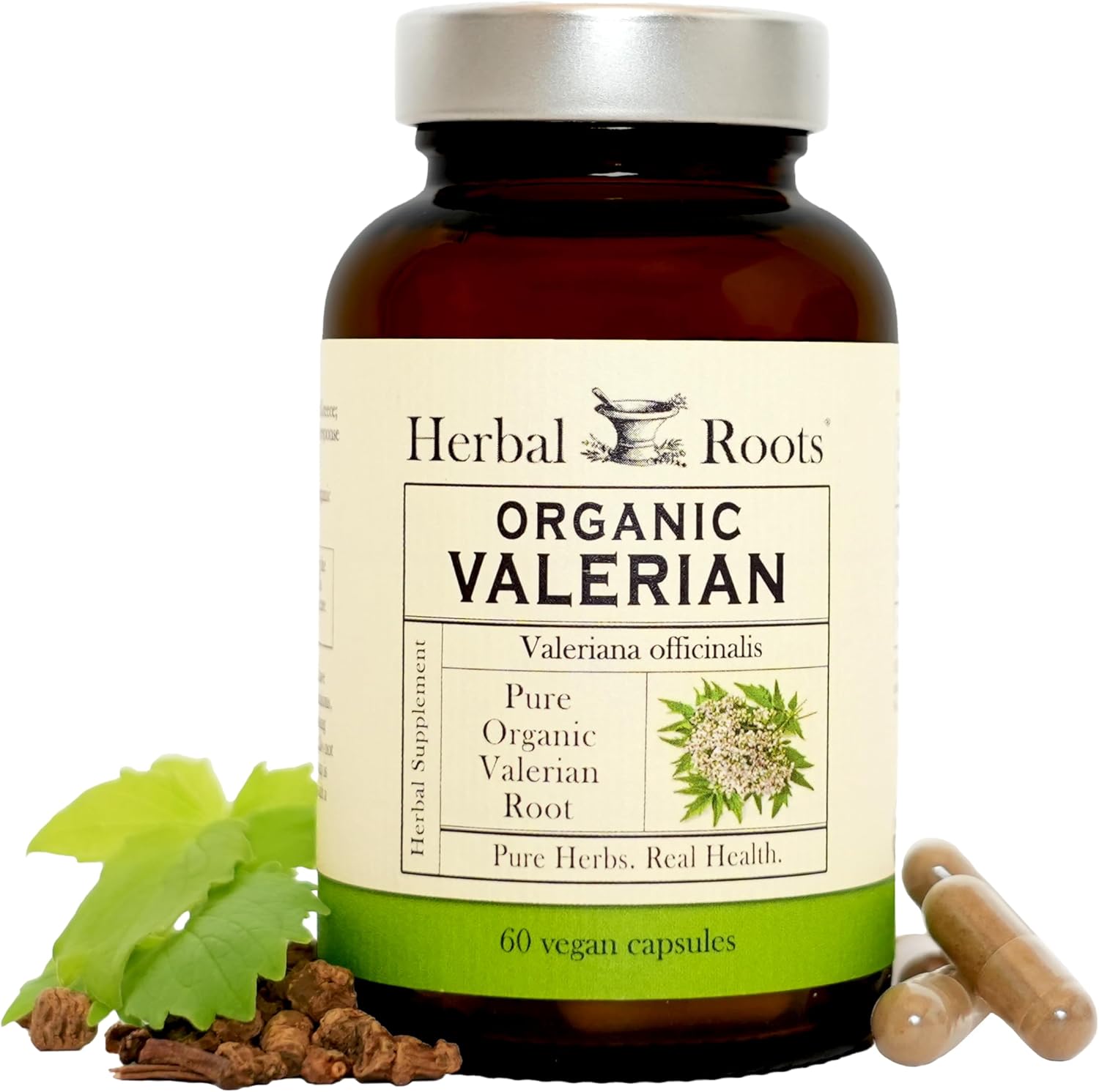 Herbal Roots Organic Valerian Root 900mg 60 vegan capsules front view amber glass bottle