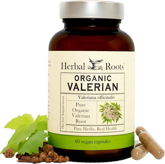 Herbal Roots Organic Valerian Root 900mg 60 vegan capsules front view amber glass bottle