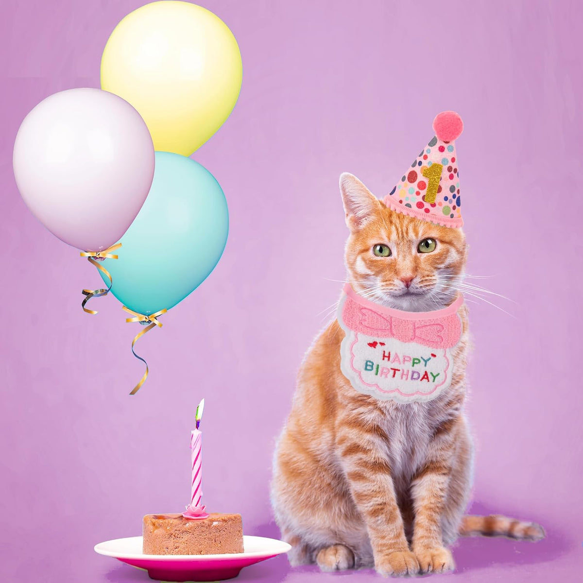 Pink girl cat birthday bandana with bow detail