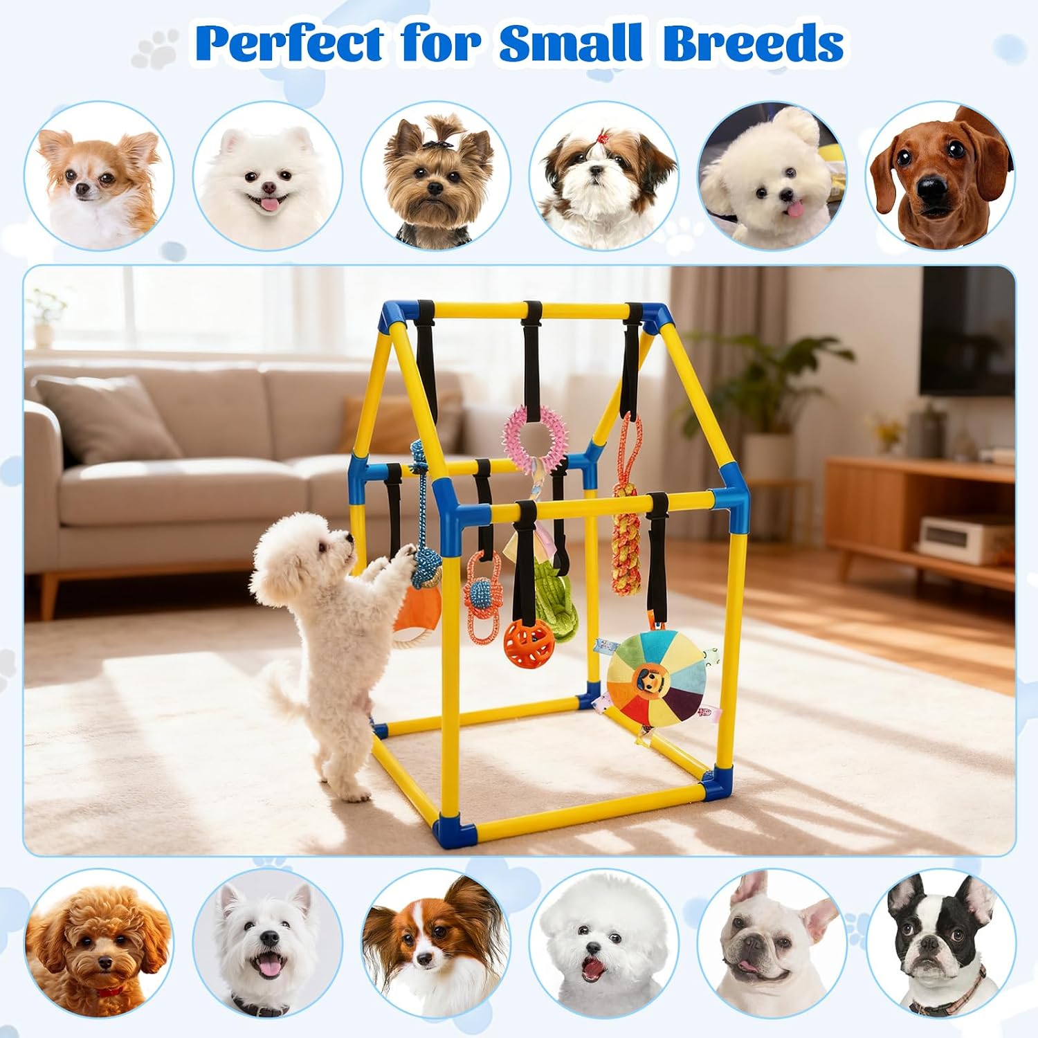 Small dog interactive indoor jungle gym showing smooth rounded edges designed for pet safety during teething.
