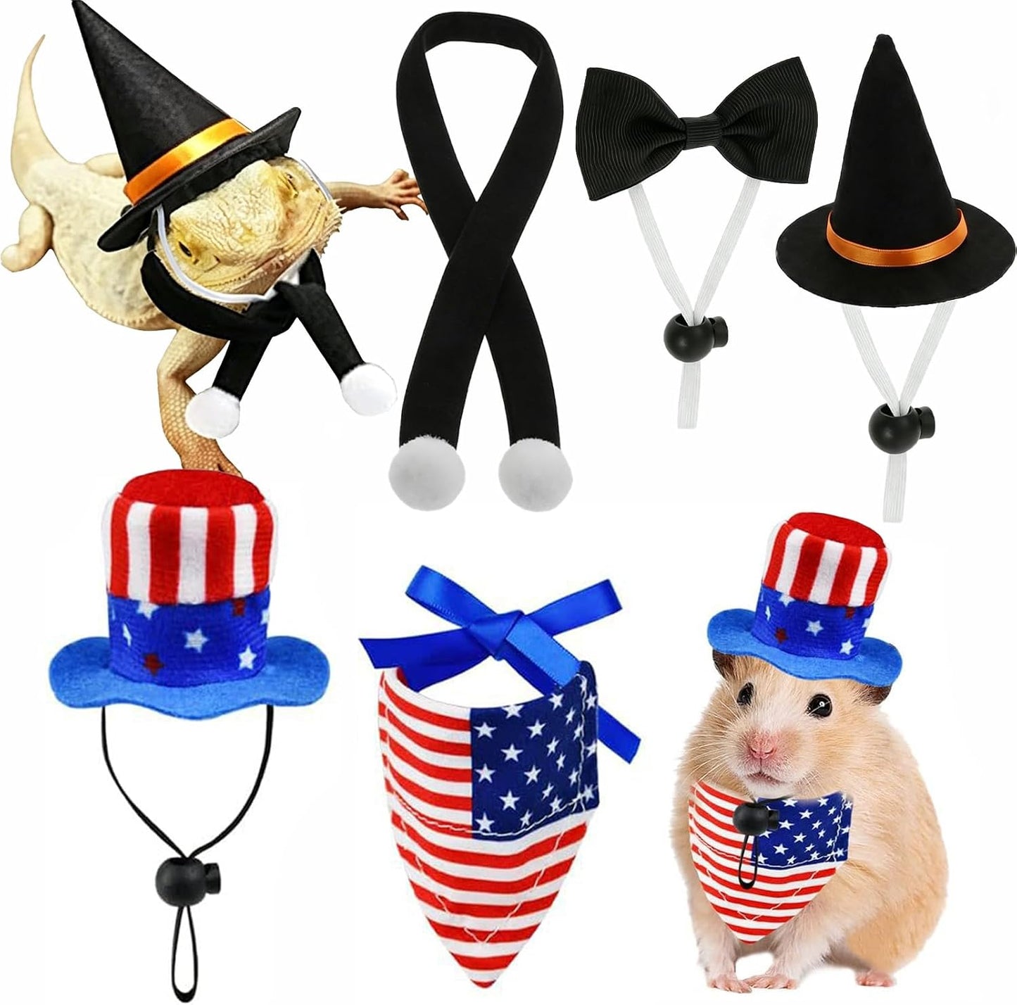 ZIOU small pet holiday costume set showing front view of the Halloween witch hat and patriotic accessories